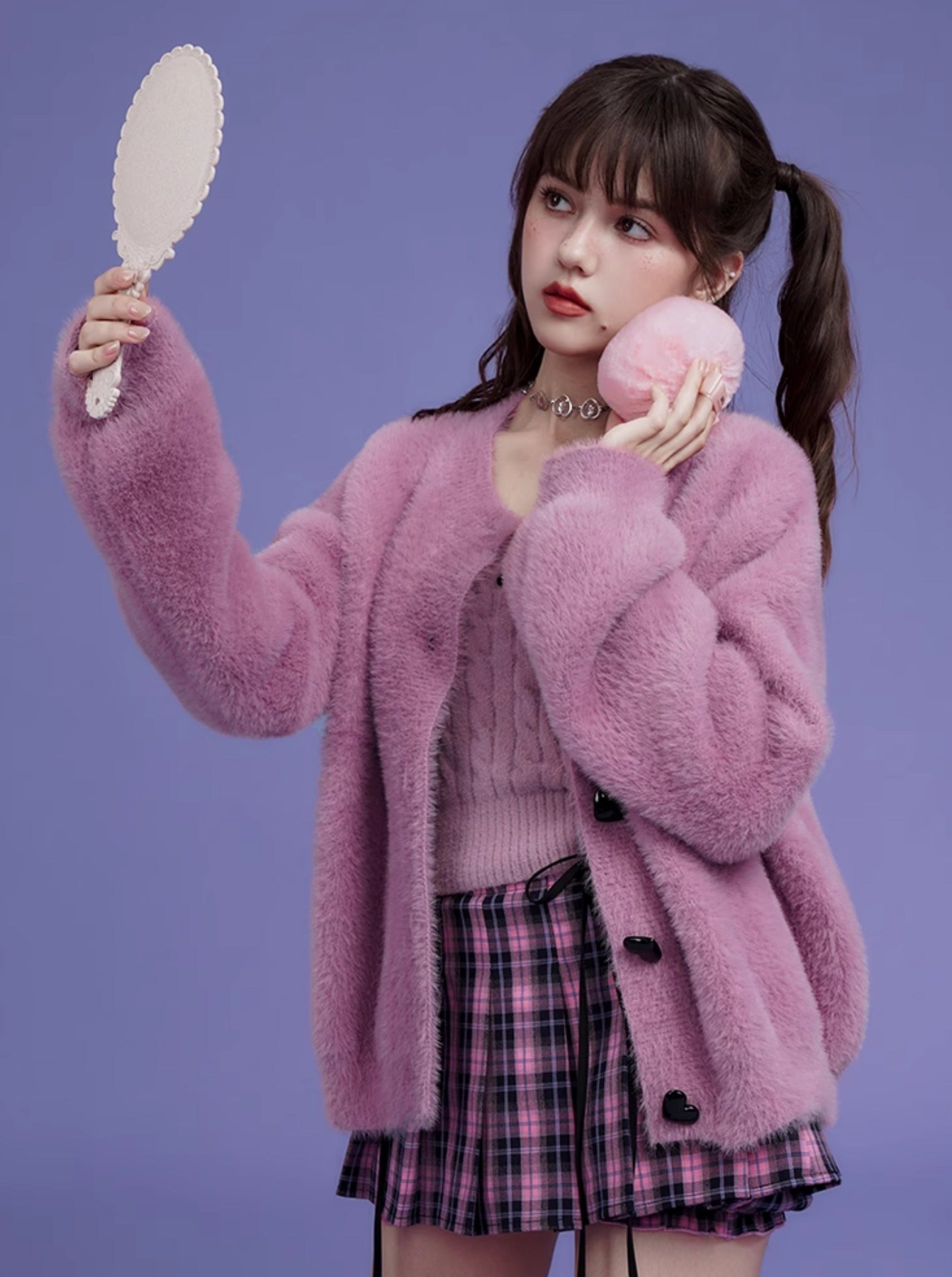 Strawberry toffee fur love button cardigan + tight camisole