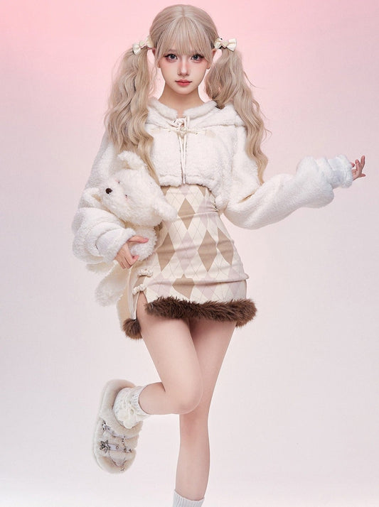 Bunny Fur Short Coat + Diamond Design Dress