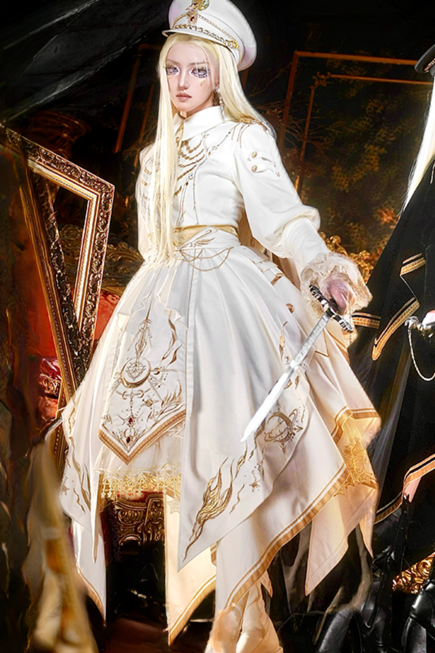 [Pre-order Deadline: November 16] Holy Army White Gold Embroidery Military Uniform Cape Dress Complete Set + Dress Set