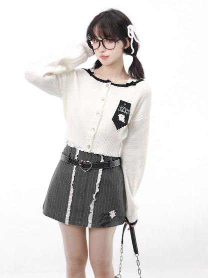 Pinkavior Line Puppy Winter Knit Soft Brooch Adorned Grey & White Cardigan