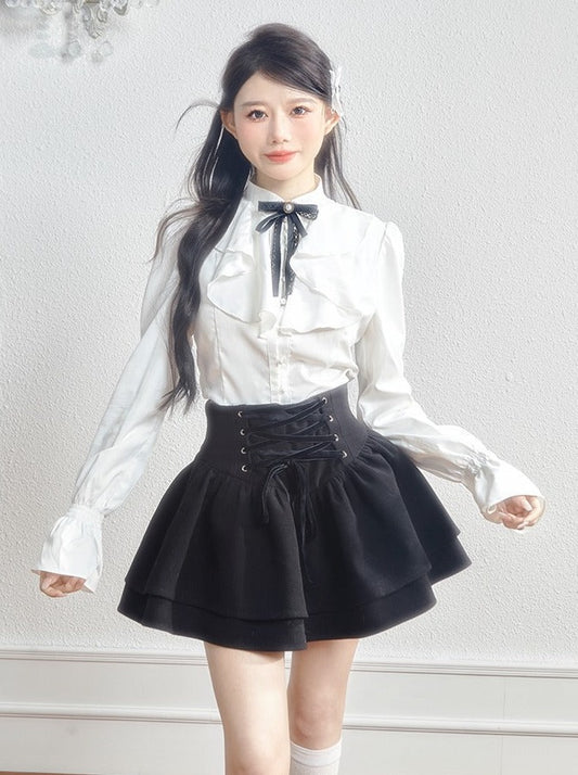Elegant Frilled Ribbon Shirt + High Waist Flared Skirt