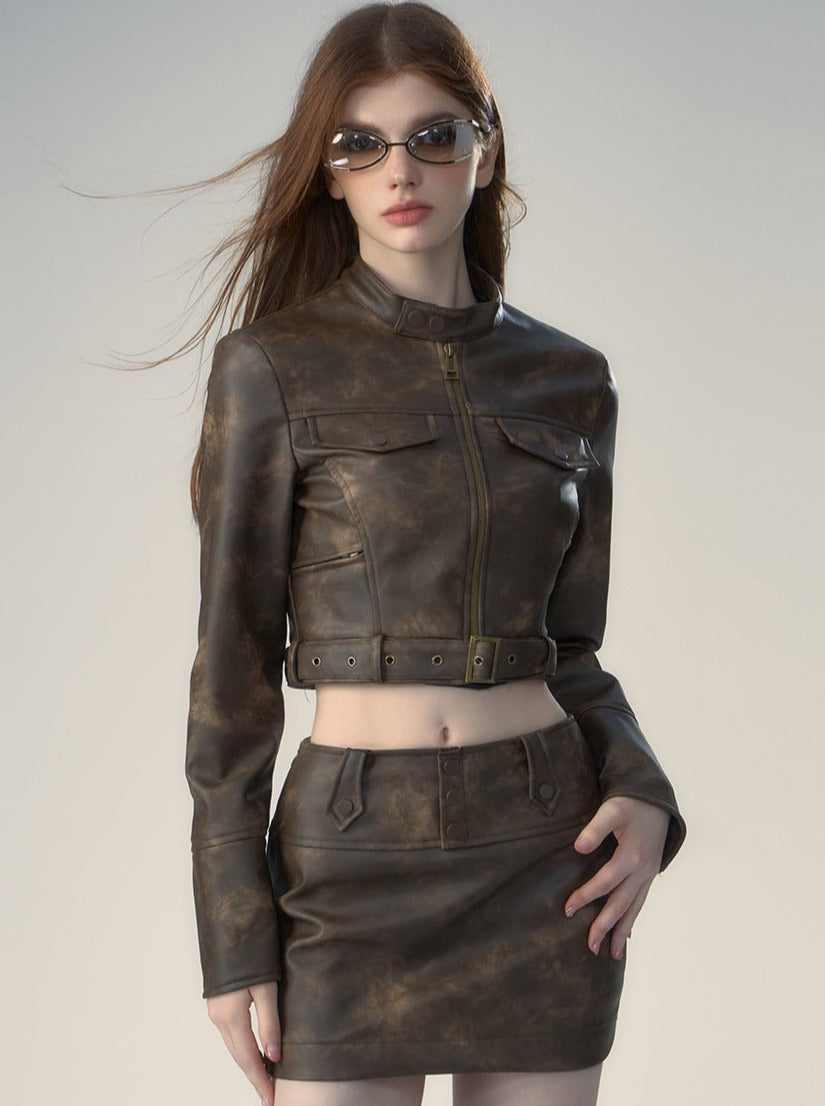 Maillard Stand Collar Short Leather Jacket + Tight Leather Skirt