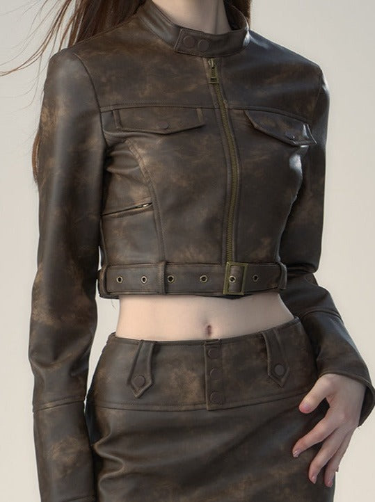 Maillard Stand Collar Short Leather Jacket + Tight Leather Skirt