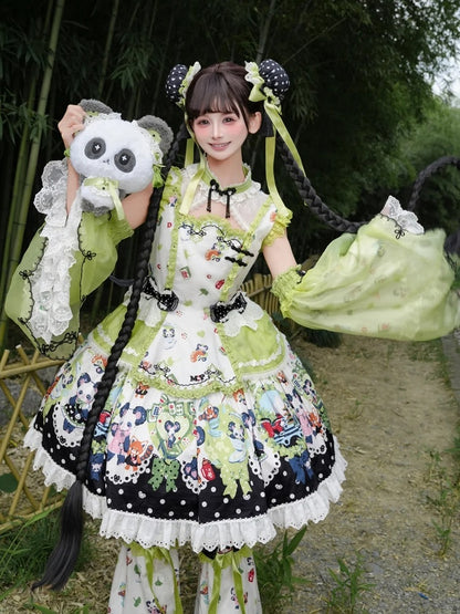[Pre-order Deadline: October 25] Pink/Green Chinoiserie Lolita Sweet Panda Print Flutter Sleeve Lace Trim Dress + Detachable Flared Sleeves + Leg Covers