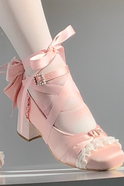 レースアップスクエアトウバレエヒール