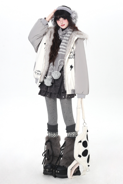 Cat Ear Bicolor Fur Jacket