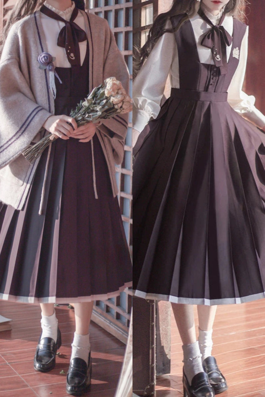 레트로 일본식 소매 니트 가디건 + 프릴 스탠드 칼라 셔츠 + 조끼 드레스 + 리본 + 코사지