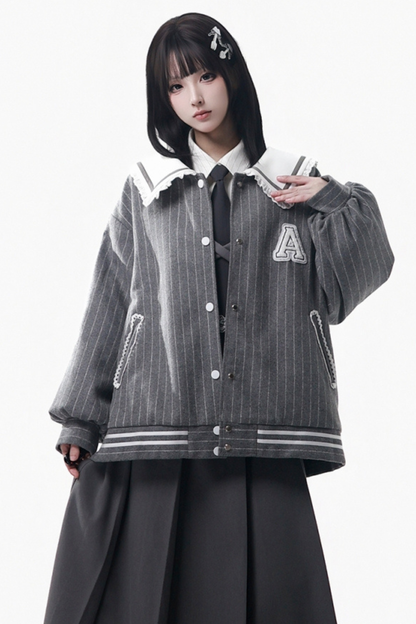 ストライプコート+シャツ+ベスト+ロングスカート