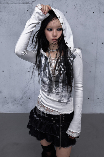 레이스 패치워크 타이트 후드 파커