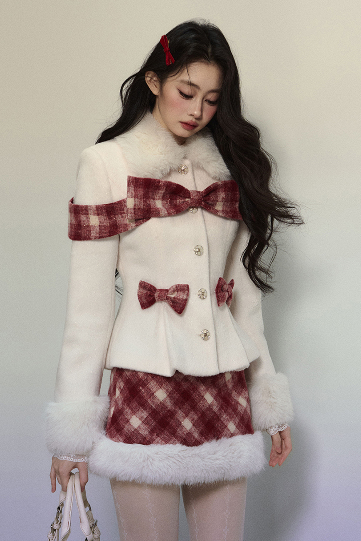 Check Ribbon Coat + Fur Check Skirt