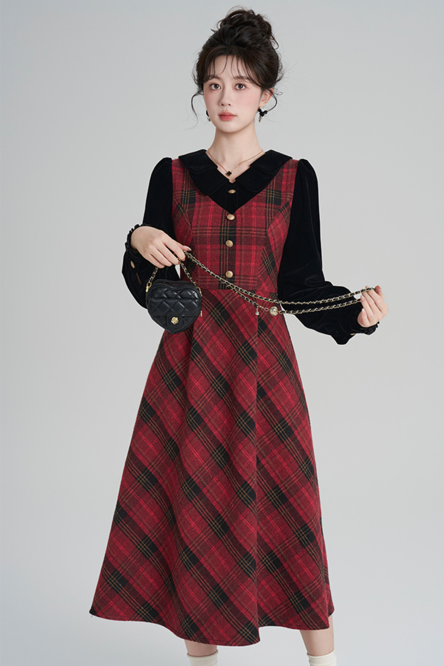 レッドレトロチェックツイードドレス