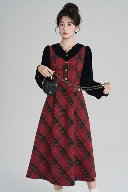 レッドレトロチェックツイードドレス