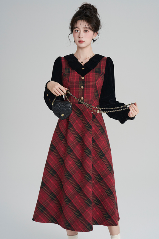 レッドレトロチェックツイードドレス