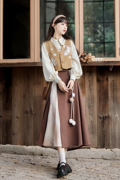 レトロキャットベスト+トップス+スカート