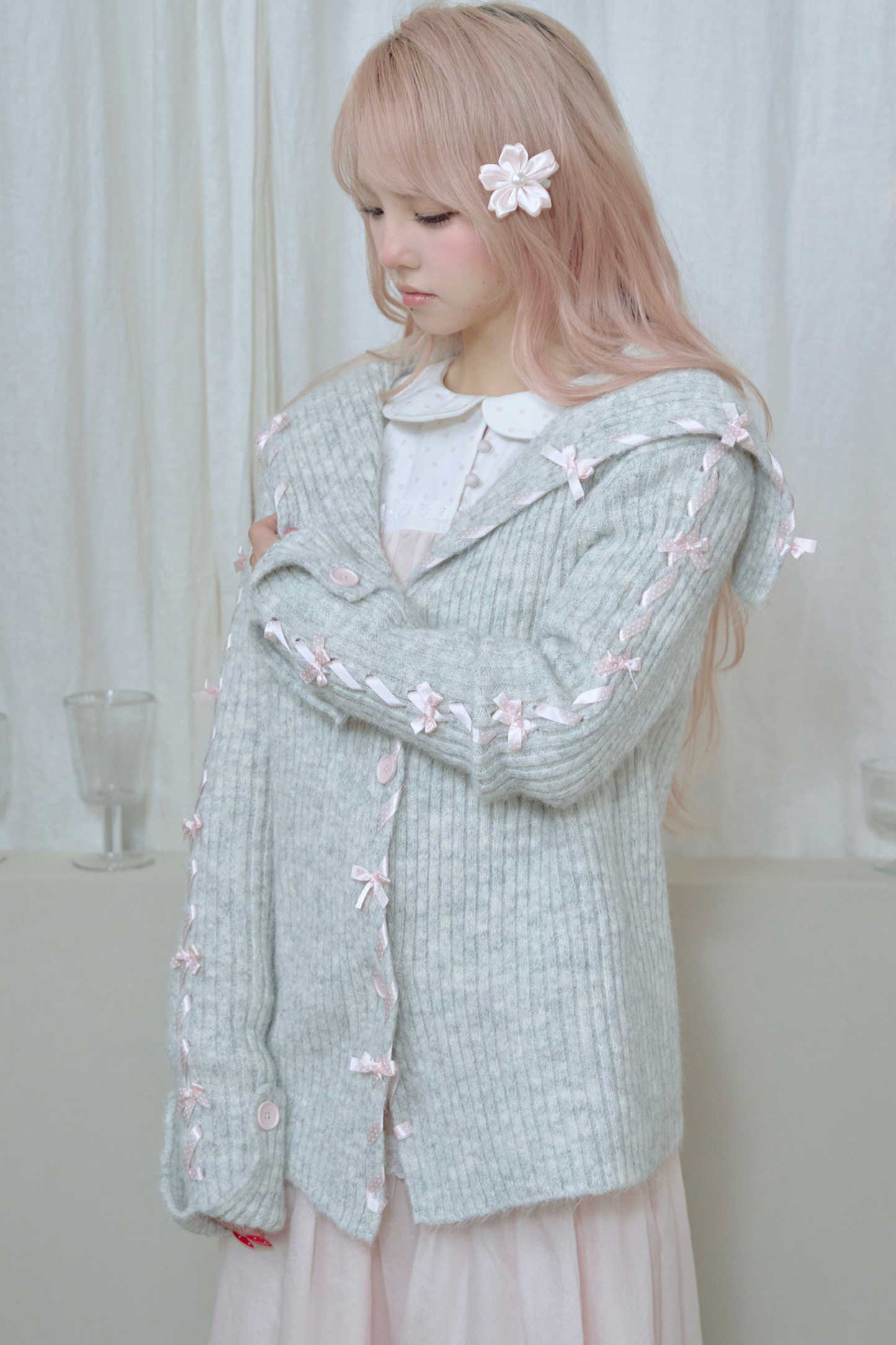 レースアップラインリボンニットカーディガン