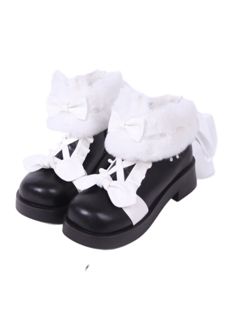 Snow Lolita Mid Heel Color Block Ribbon Sweet Velvet Short Boots