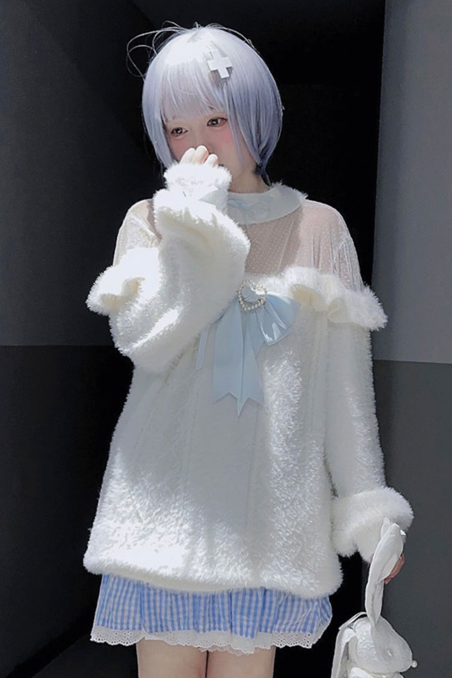 Sweet girly ribbon white aqua top