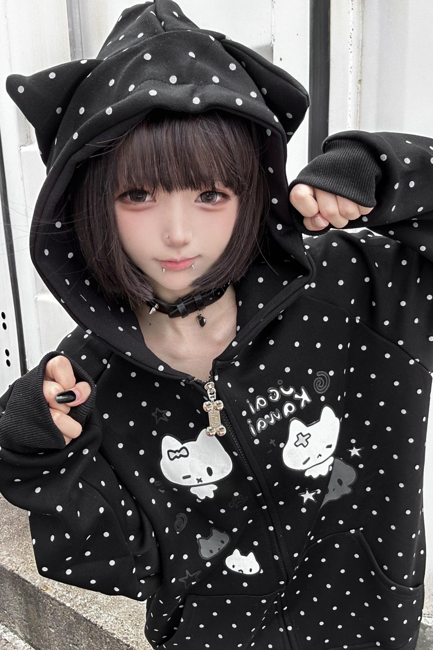 Cat Hood Dot Zip Hoodie