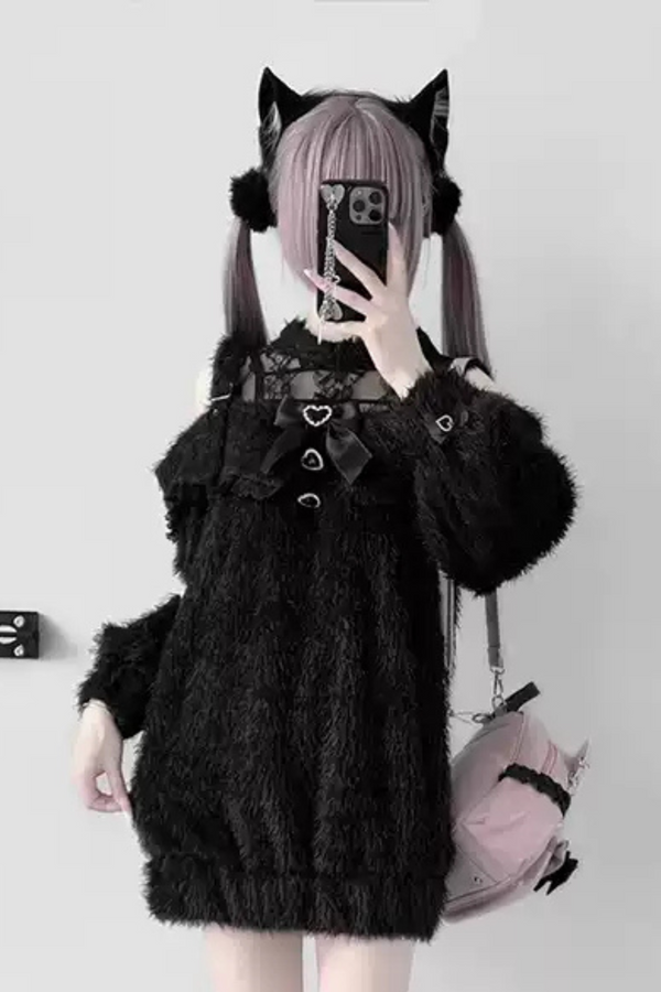 [Pre-Order] Jirai Lace Ribbon Long Black Sweater + Short Skirt