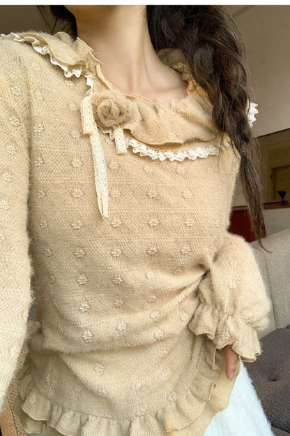 レースカラーロングスリーブトップス