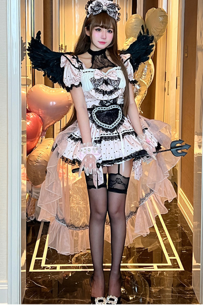 スイートリトルドットメイドロリータドレス+エプロン+ヘッドアクセサリー+ベール