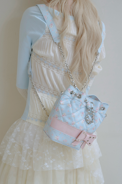 フローラルフラワーキルティングチェーンバケットバッグ