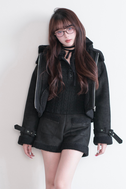 ファーショートコート+ショートパンツ