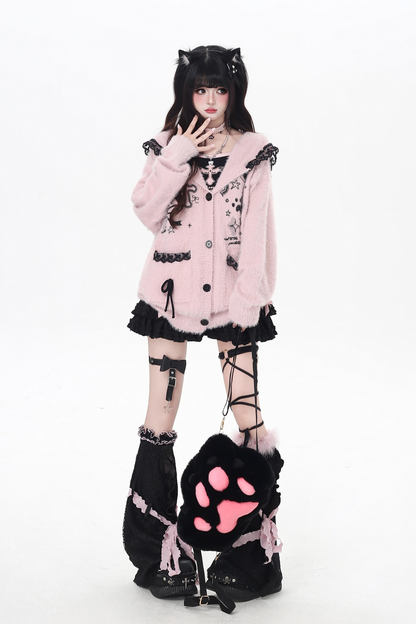 Lace hooded cardigan with rabbit ears