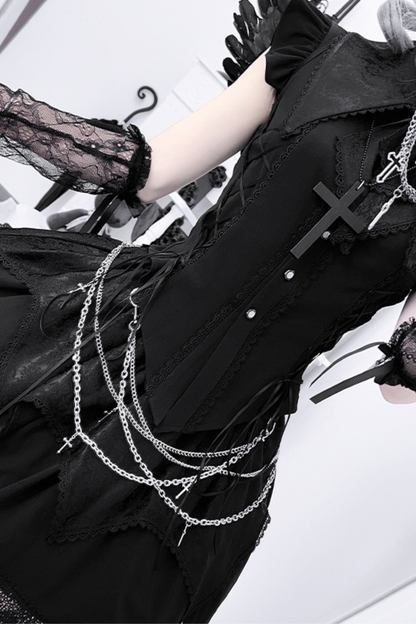 ダークゴシックサブカルチャーストラップセットアップ＋リボン＋チェーン