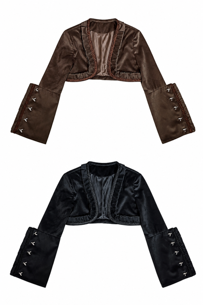 [Reservierungsschluss 6. November] Kurze Jacke im braunen Steampunk- und schwarzen Gothic-Mode-Stil aus Samt mit Rüschenbesatz, Herzmotiv und Manschettendekor