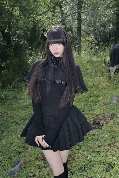 Ruffled Cape Design Low Rise Lace Dress