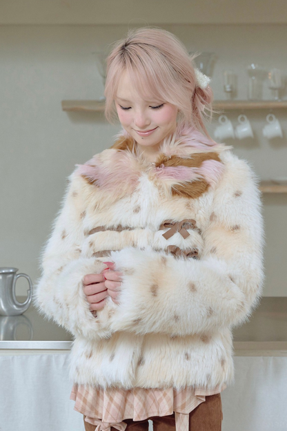 ブラウンレザーリボンドットファーコート