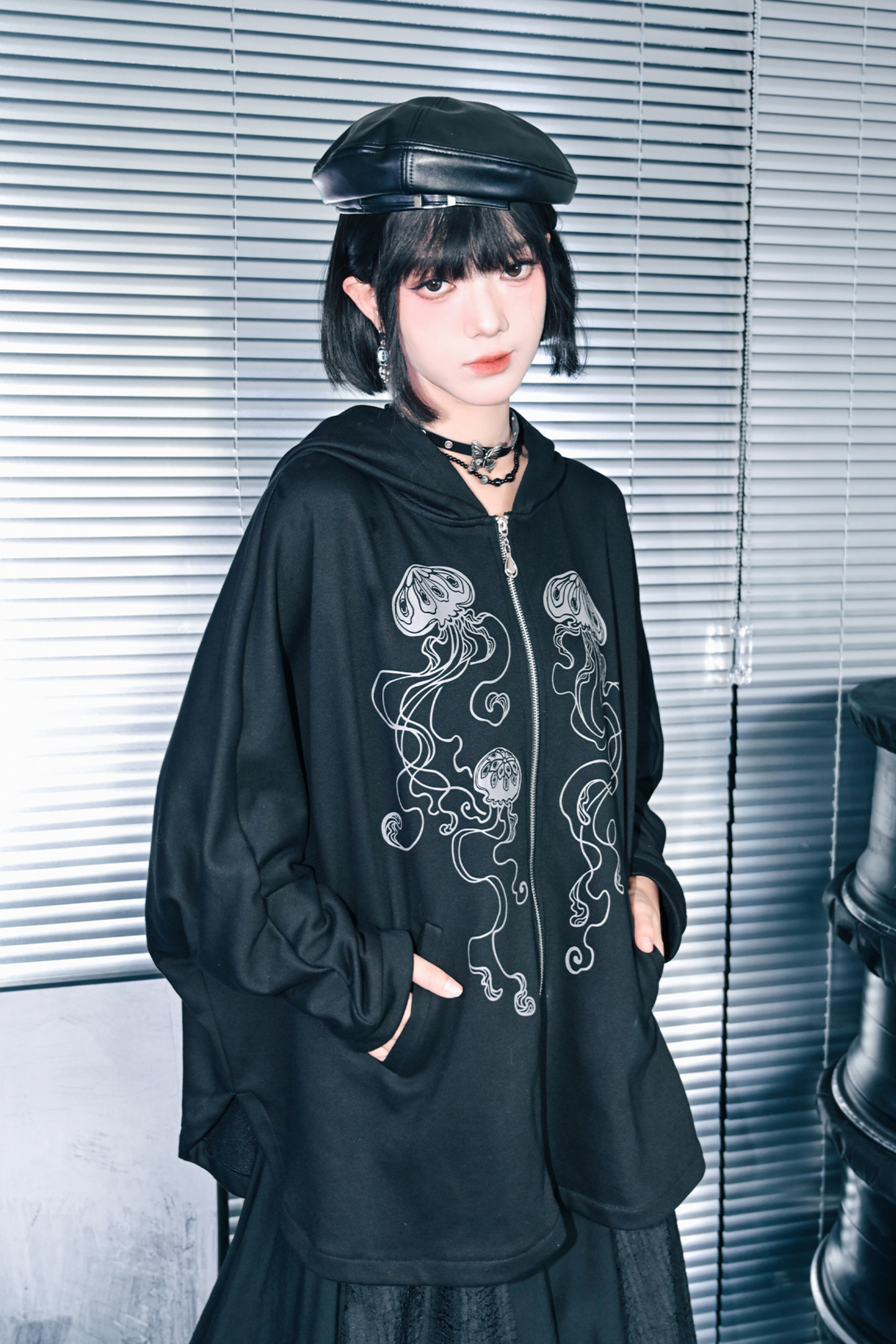 Draped Bat Sleeve Printed Hooded Hoodie