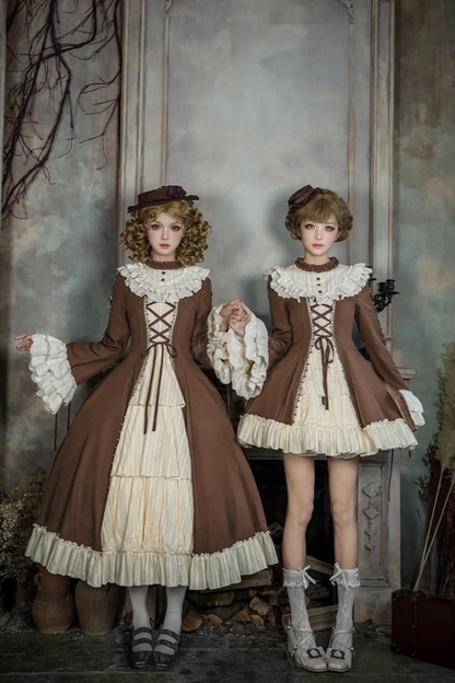 レーススタンドカラーフレアスリーブツインドールロリータドレス+カラー+ハット