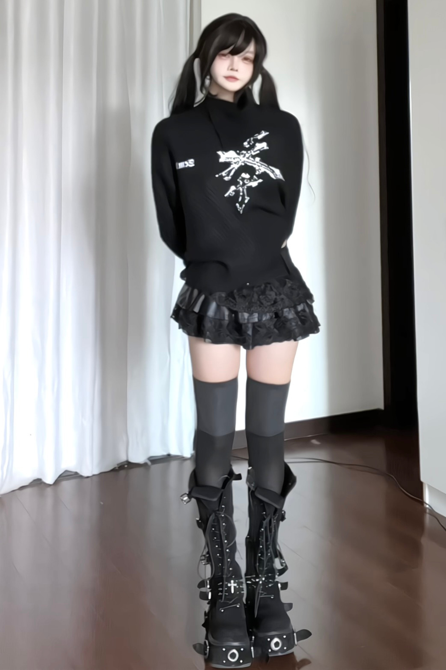 High Neck Letter Print Dark Top