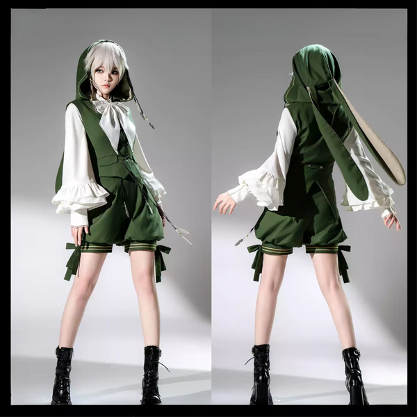 うさ耳フーディーベスト＋ショートパンツ＋ケープフェザーグリーンプリンスコーデ