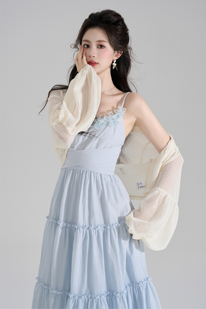 Romantic French Long Dress + Short Cardigan