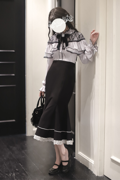 シフォンレースシャツ+フィッシュテールスカート+リボン