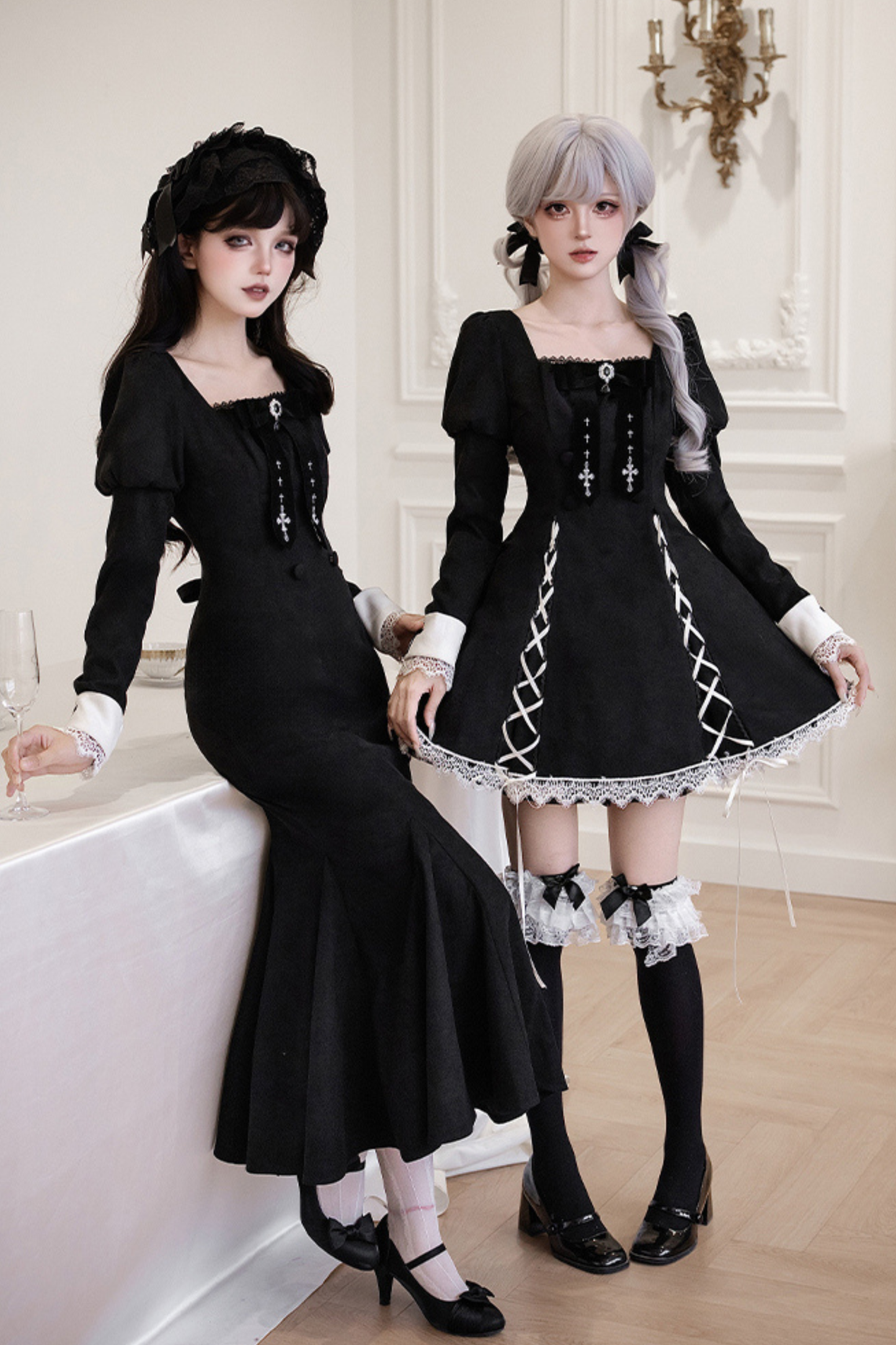 シックマーメイドドレス+レースアップショートドレス+マントコート+カラー+リボンブローチ