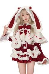 토끼 귀 케이프 + 레드 벨벳 드레스 + 슬리브