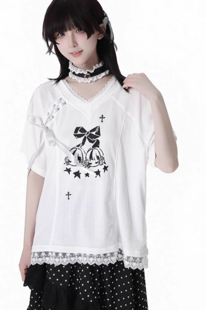 リボンルーズTシャツ+キュロット+アシメスカート