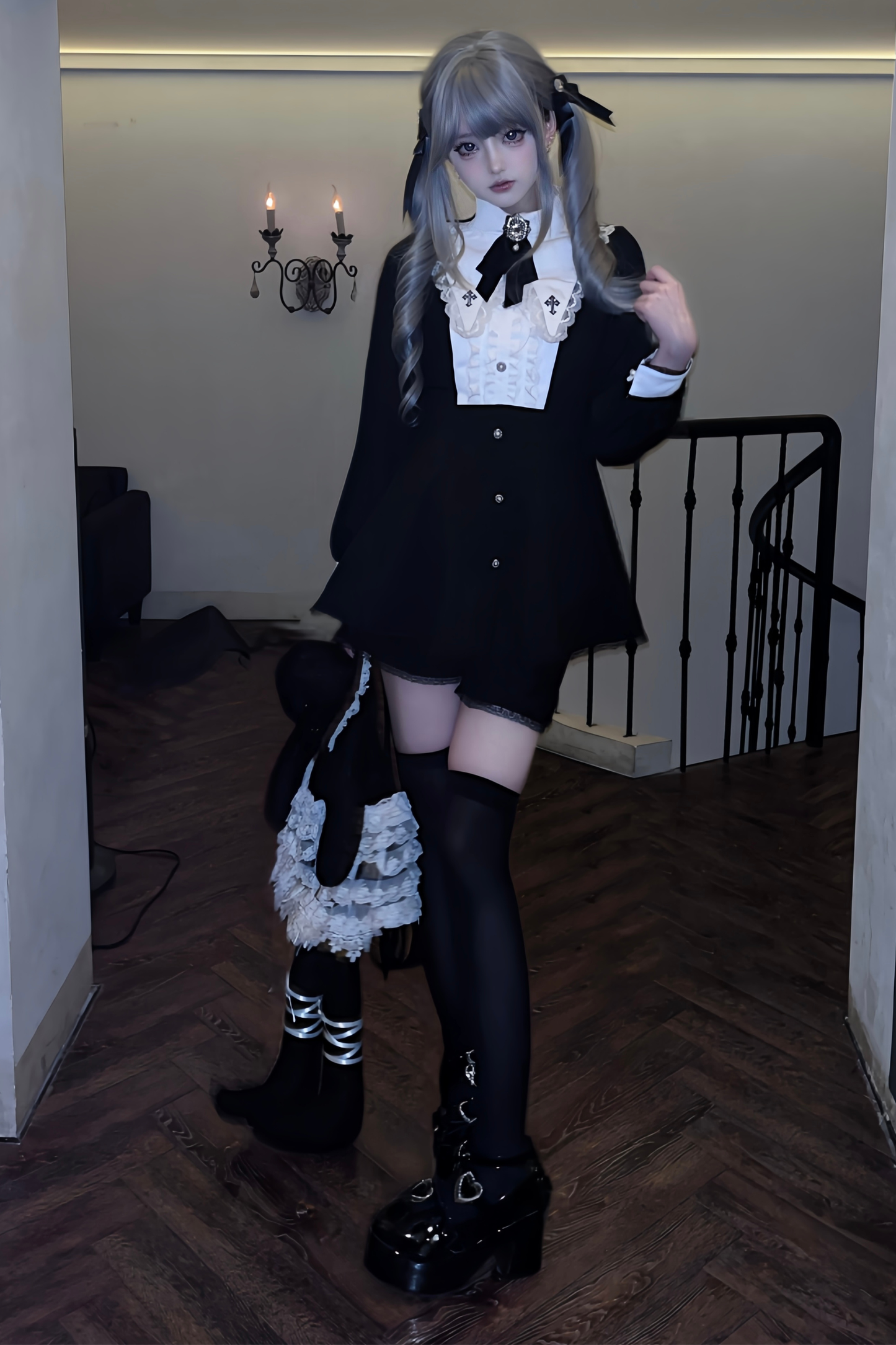 Cross Ruffle Collar Peplum Top + Shorts