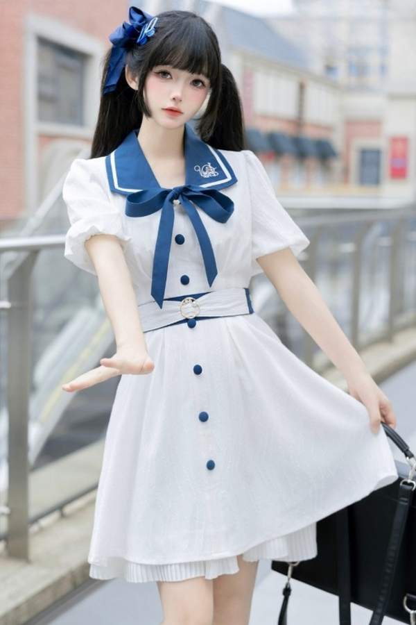 エレガントシフォンパフスリーブカレッジスタイルドレス
