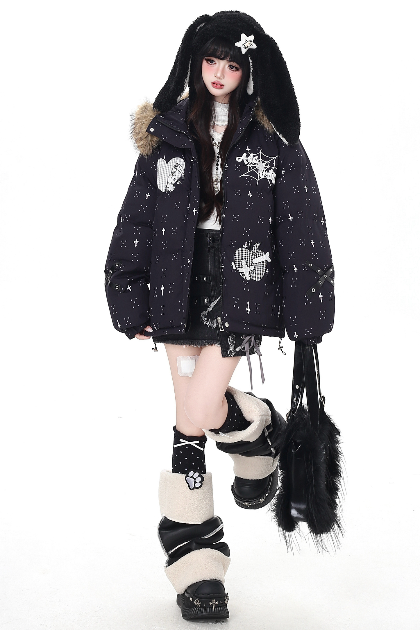 Dark rabbit design fur hooded jacket