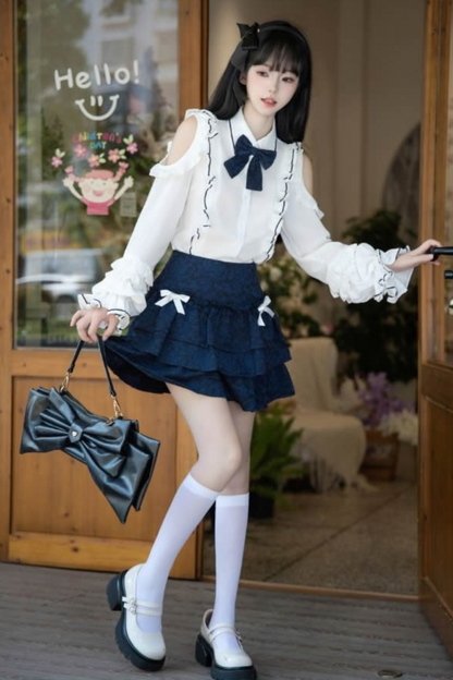 レースオフショルダーシャツ+スリミングショートスカート