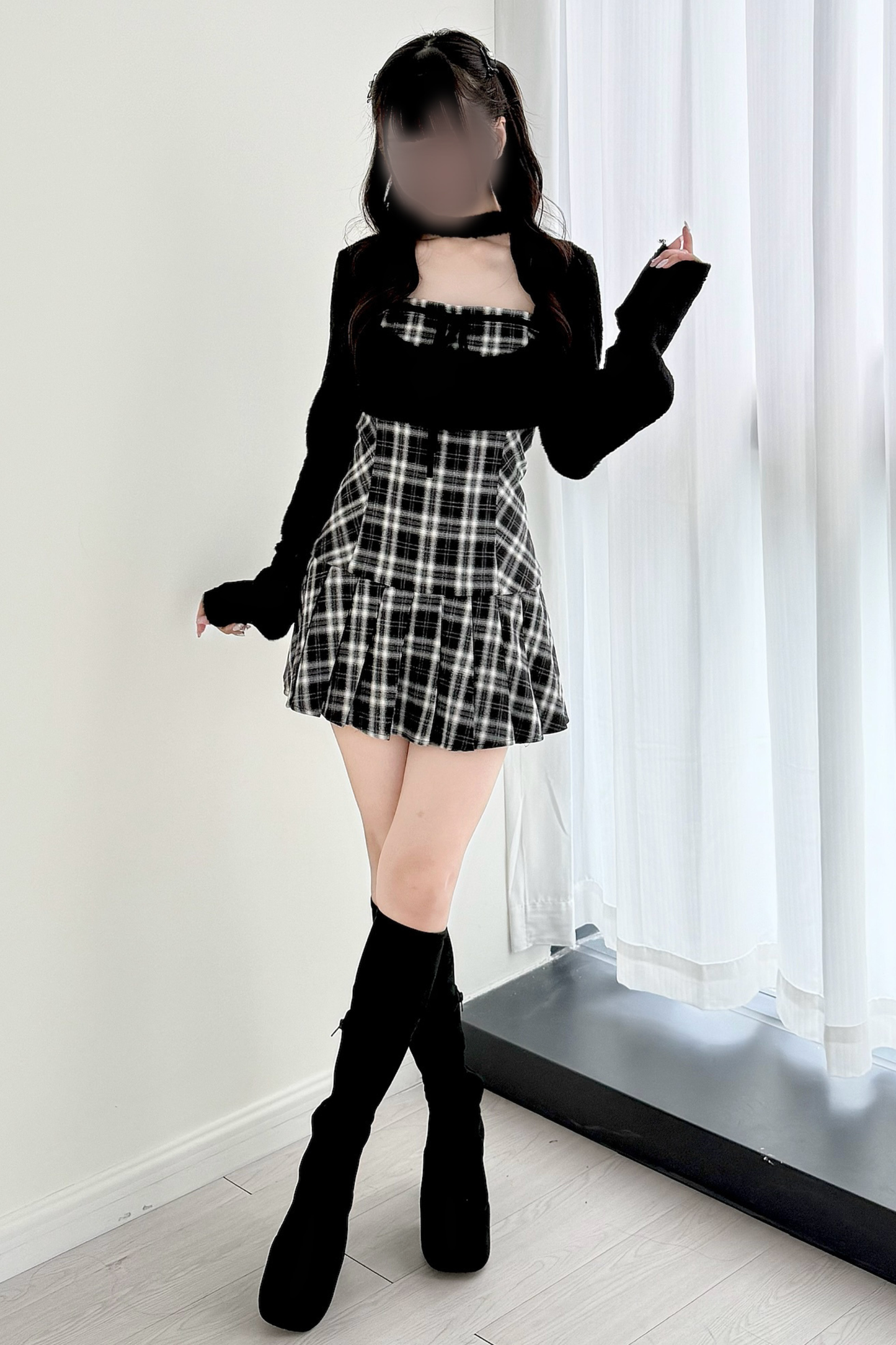 チェックフレアドレス+ショートカーディガン