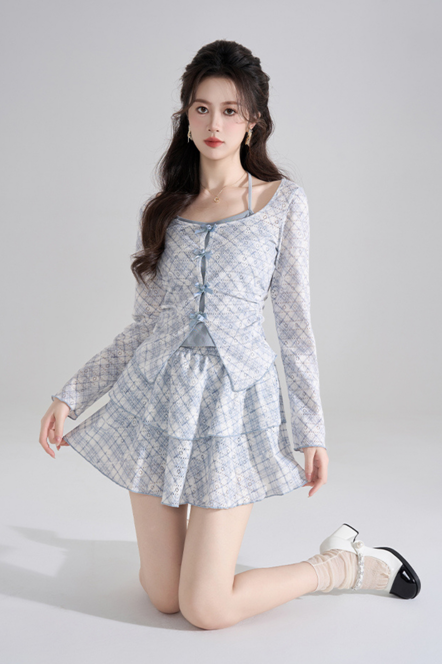 Blue Check French Sleeve Ensemble Top + Flared Skirt