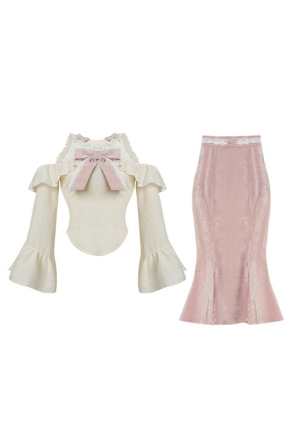 Sweet Apricot Ruffle Top & Pink Long Skirt