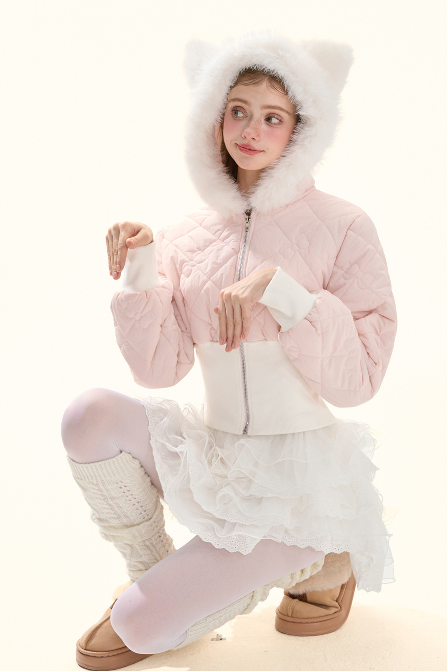 フェアリーファーキャットフードキルティングジャケット