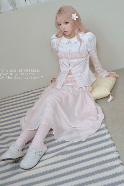 ストライプドールカラーパフスリーブシャツ